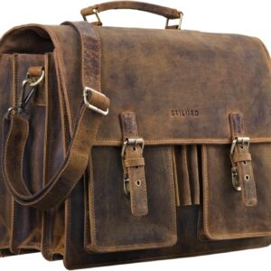 STILORD ‚Anton‘ Briefcase Leather XL Vintage Teacher Bag with Laptop Compartment 15.6 Inch Large Leather Bag for Shoulder Bag Trolley Attachable Brown