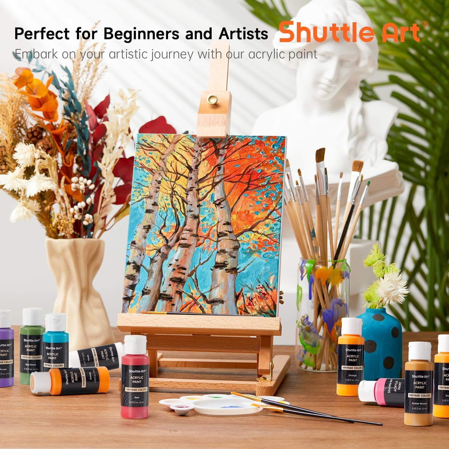 Shuttle Art 25 Vintage Acrylic Paint Set (60 ml Each) with Brush Set and 1 – Bild 2