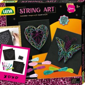 Lena 42650 String Art Craft Set, Butterfly and Heart, Complete Set for 2 Thread Pictures, with 2 Base Plates, Approx. 21.5 x 21.5 x 1 cm, Pins and 6 Coloured Threads, Set for Children aged 8 and above