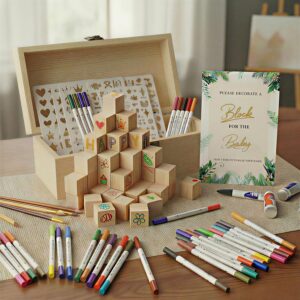 Baby Shower Games - 81 Pieces The Funniest Creative Guest Book for Painting - Baby Shower Activity with Wooden Blocks, Pens & Stencils - Gift Idea for Boys, Girls