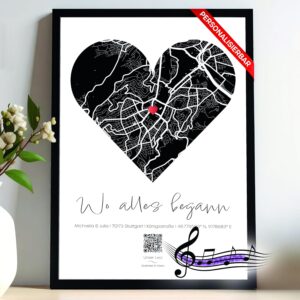 DUOMIO Where It All Started – Personalized Poster with QR Code to Song | Heart Map with Location | Coordinates, Name & Photo | Gift for Couples, Anniversary, Valentine’s Day, Wedding