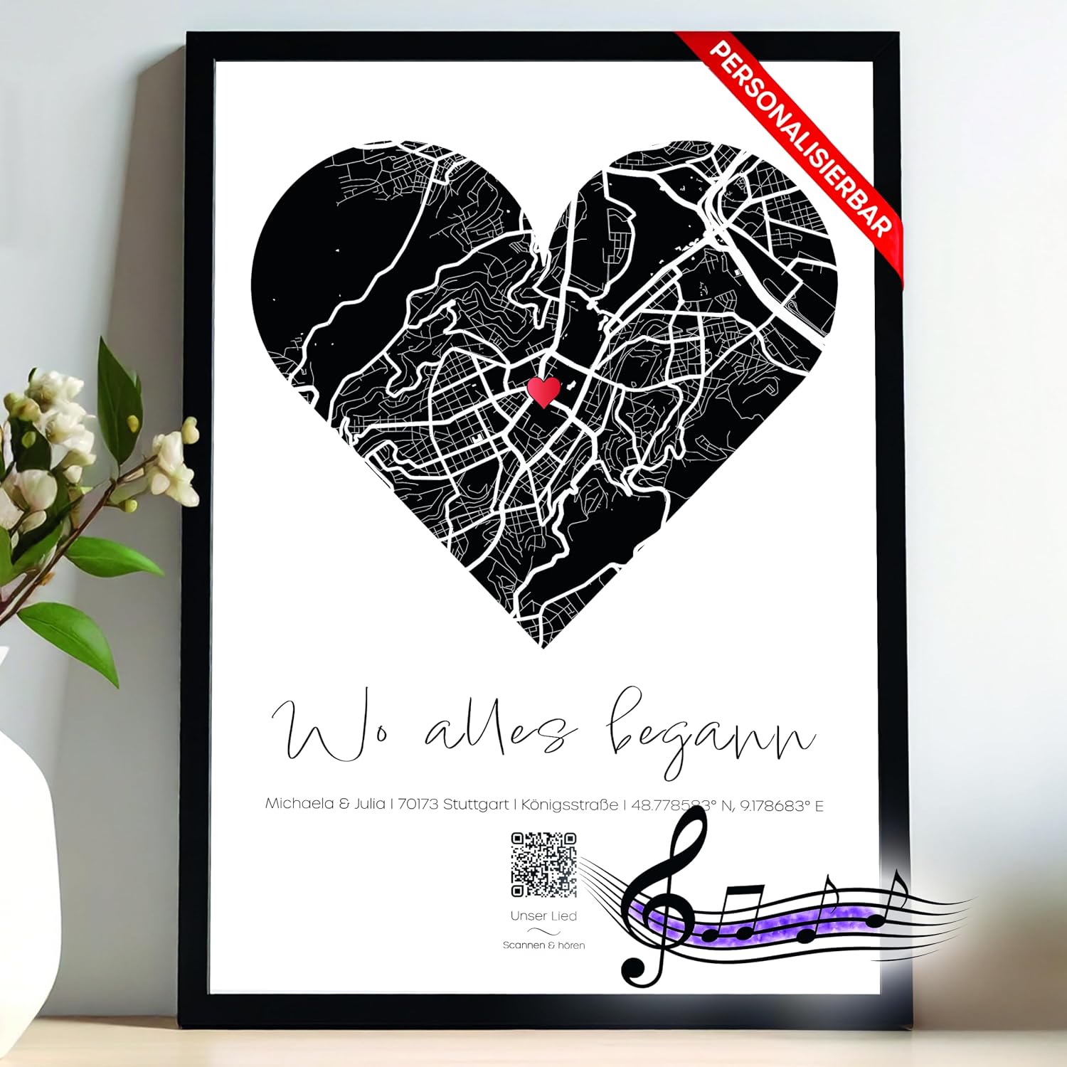 DUOMIO Where It All Started - Personalized Poster with QR Code to Song | Heart Map with Location | Coordinates, Name & Photo | Gift for Couples, Anniversary, Valentine's Day, Wedding