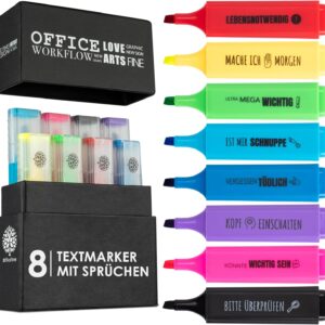 OfficeTree 8 Funny Highlighter Set in Box – Cute Sayings – Highlighter with Sayings as Funny Office Items for Students, Teachers, Work Colleagues