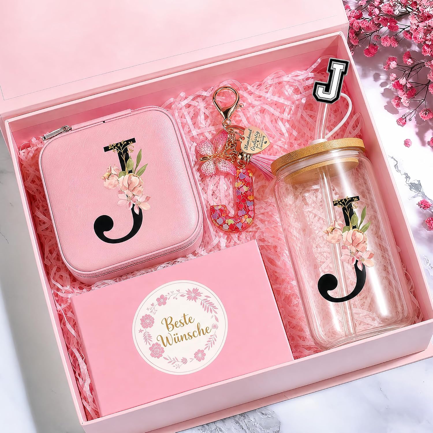 Personalised Gifts with Letters - Glass Mug with Lid and Straw, Keyring and Jewellery Box with Letter, Gift for Women for Birthday, Christmas, Valentine's Day (J) – Bild 2