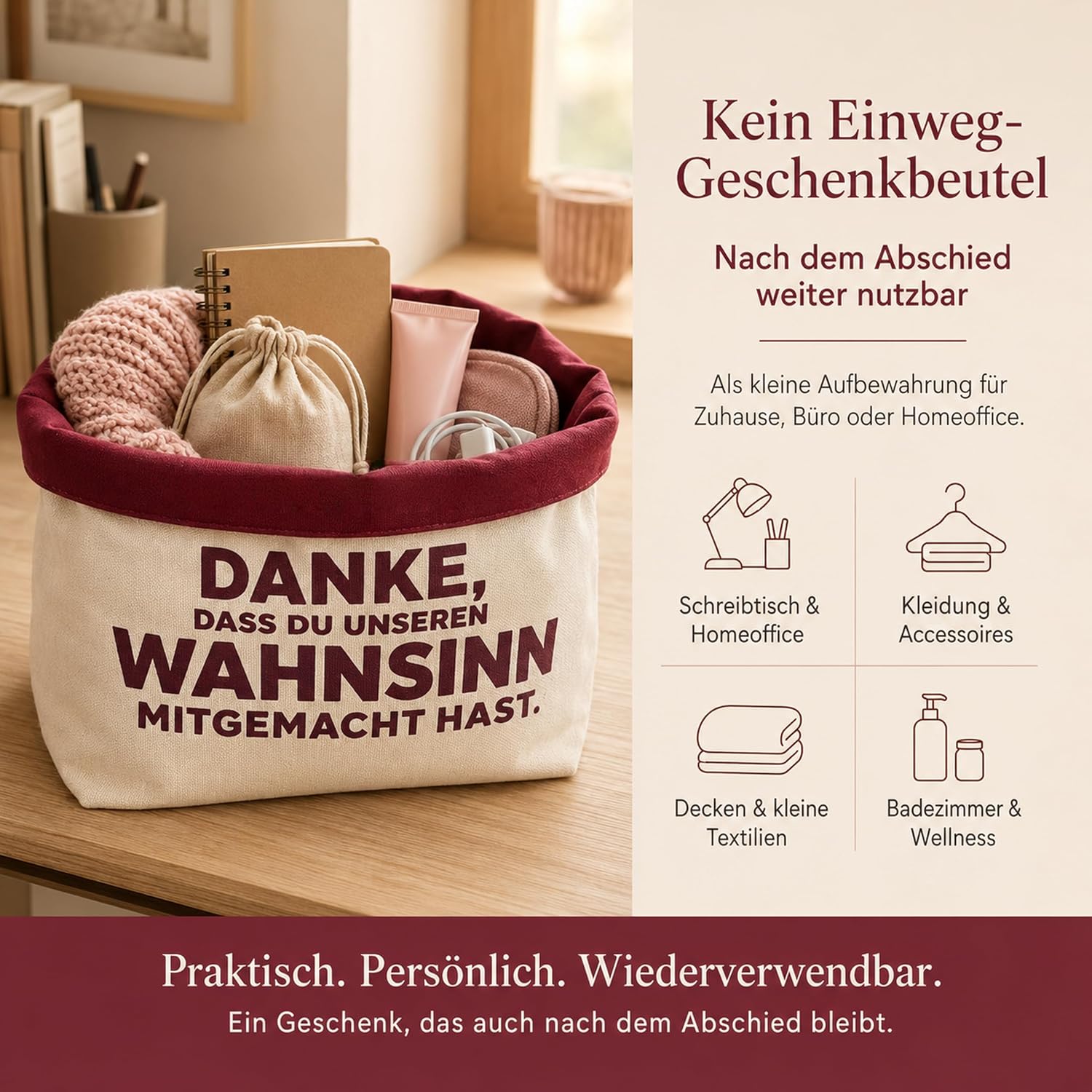 Farewell Gift Colleagues, Fabric Basket for Filling, Saying, Sand-Bordeaux – Bild 4