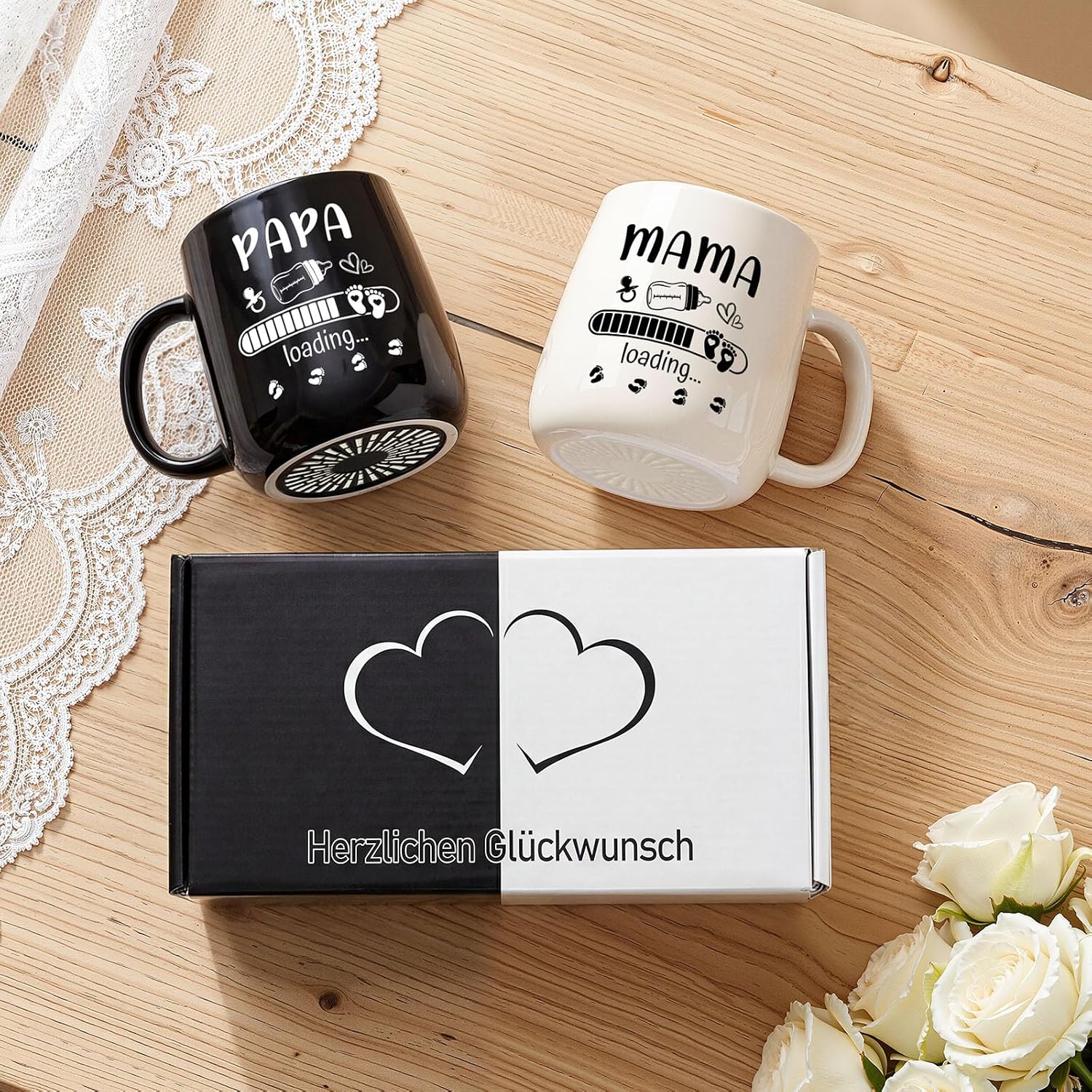 TUZELIYA Mama & Dad Coffee Mug Set - Gift to Be Parents, 350 ml Black and White Cups for Pregnancy, Baby Shower, Valentine's Day & Anniversary – Bild 7