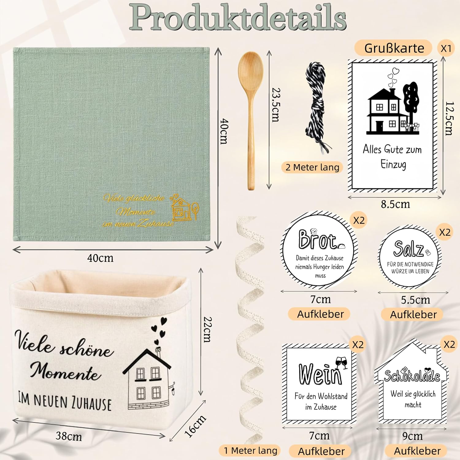 Housewarming Gift - Bread and Salt Set Housewarming Gift for Home & Apartment with Bread Basket, Tea Towel, Cooking Spoon & Sticker Including Greeting Card - Housewarming Gift for Topping Out Many – Bild 2