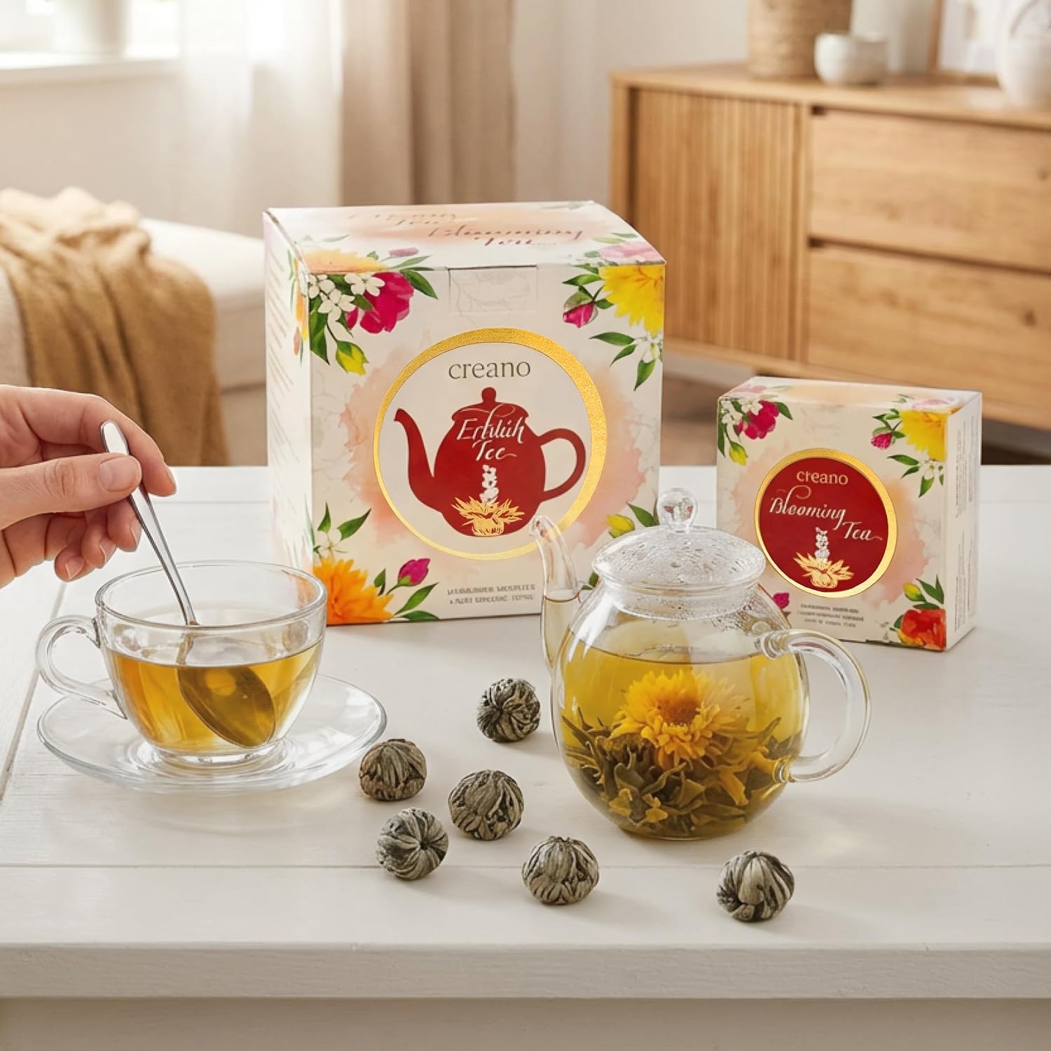 Creano Tea Flowers Gift Set, Flower Design, Blooming Tea Spring Reading with 500 ml Glass Jug and 6 x White Tea, Gift for Valentine's Day, Mother's Day – Bild 9
