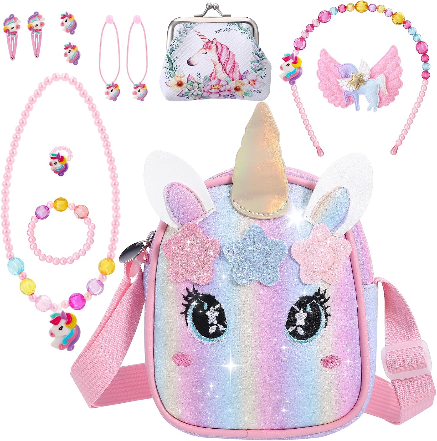 Yamitora Unicorn Handbag and Jewellery Set for Girls - Children's Jewellery Gifts 2-6 Years - Necklace Bracelet Birthday Gift Unicorn Gifts for Girls 2 3 4 5 6 Years
