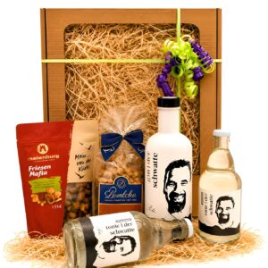 Geschenkbox Der Schwatte Gin I Geschenk – Sport I Dynamo Dresden Legenden – Benny & Ulf Kirsten I verschiedene Snacks I Präsent für Fussballbegeisterte