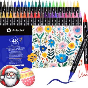 Artecho Acrylic Pens Set 48 Colours, Waterproof Dual Tip Acrylic Marker with 1 mm Fine Tip & 0.5-5 mm Brush Tip, Opaque for Stones, Glass, Wood, Ceramic, Canvas & DIY