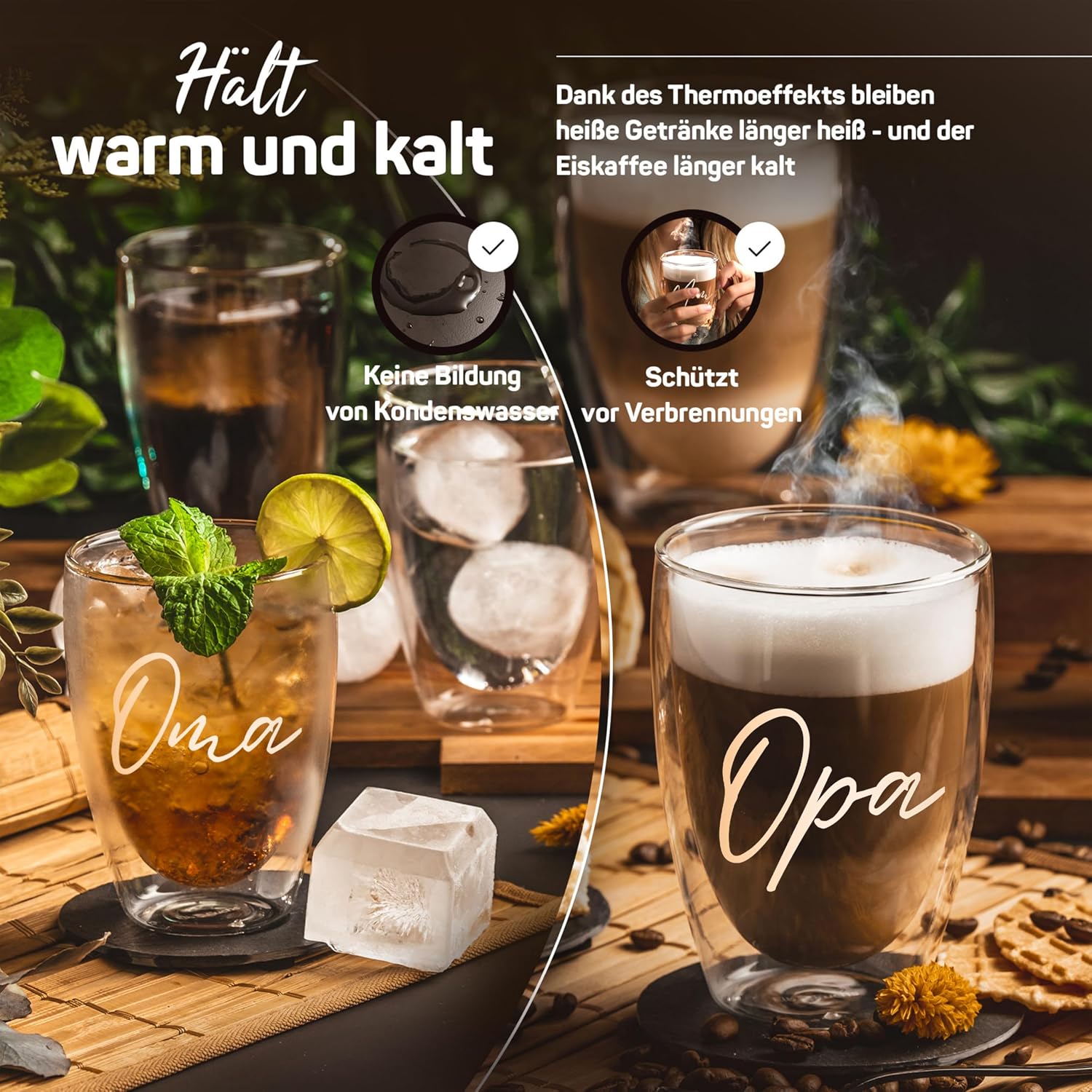 ElbFuchs® Double-Walled Latte Macchiato Glasses OMA and OPA, 2 x 350 ml Gift Idea, Ideal Coffee Glasses Double-Walled as a Gift for Grandma and Grandpa or Mum, Dad – Bild 5