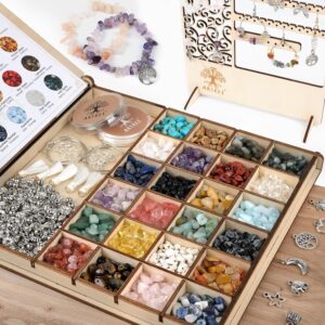 24 Types of Natural Stone Beads, Gemstone Chips for Threading in Wooden Box Set, DIY Bracelet & Earring Accessories with Jewellery Stand, Gift for Beginners & Creatives