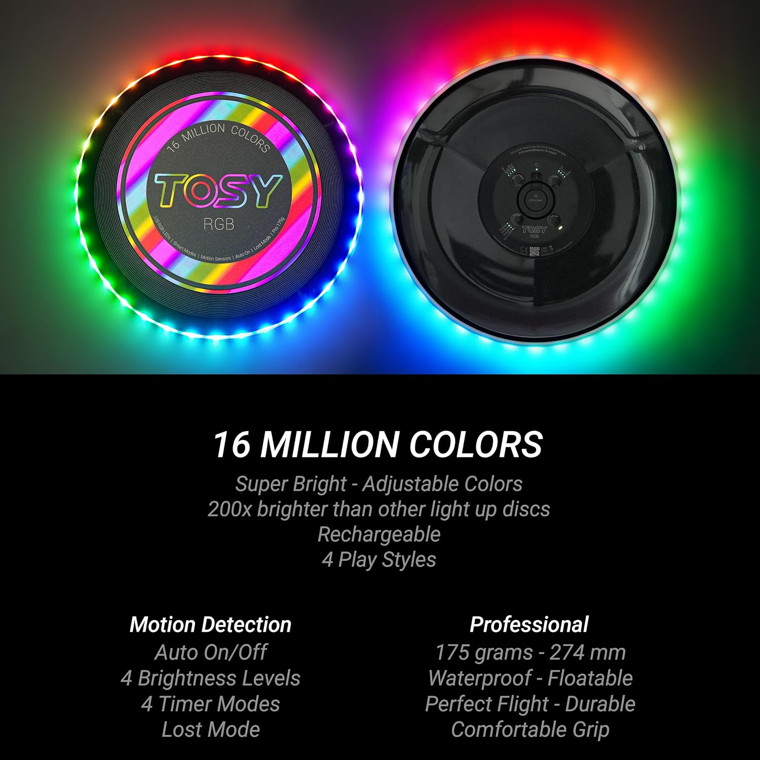 TOSY Flying Disc - 108 RGB LEDs or 36 Single Color LEDs, Super Bright Smart Modes Auto Light Up Rechargeable Waterproof Outdoor Toy for Kids & Adults 175g – Bild 4