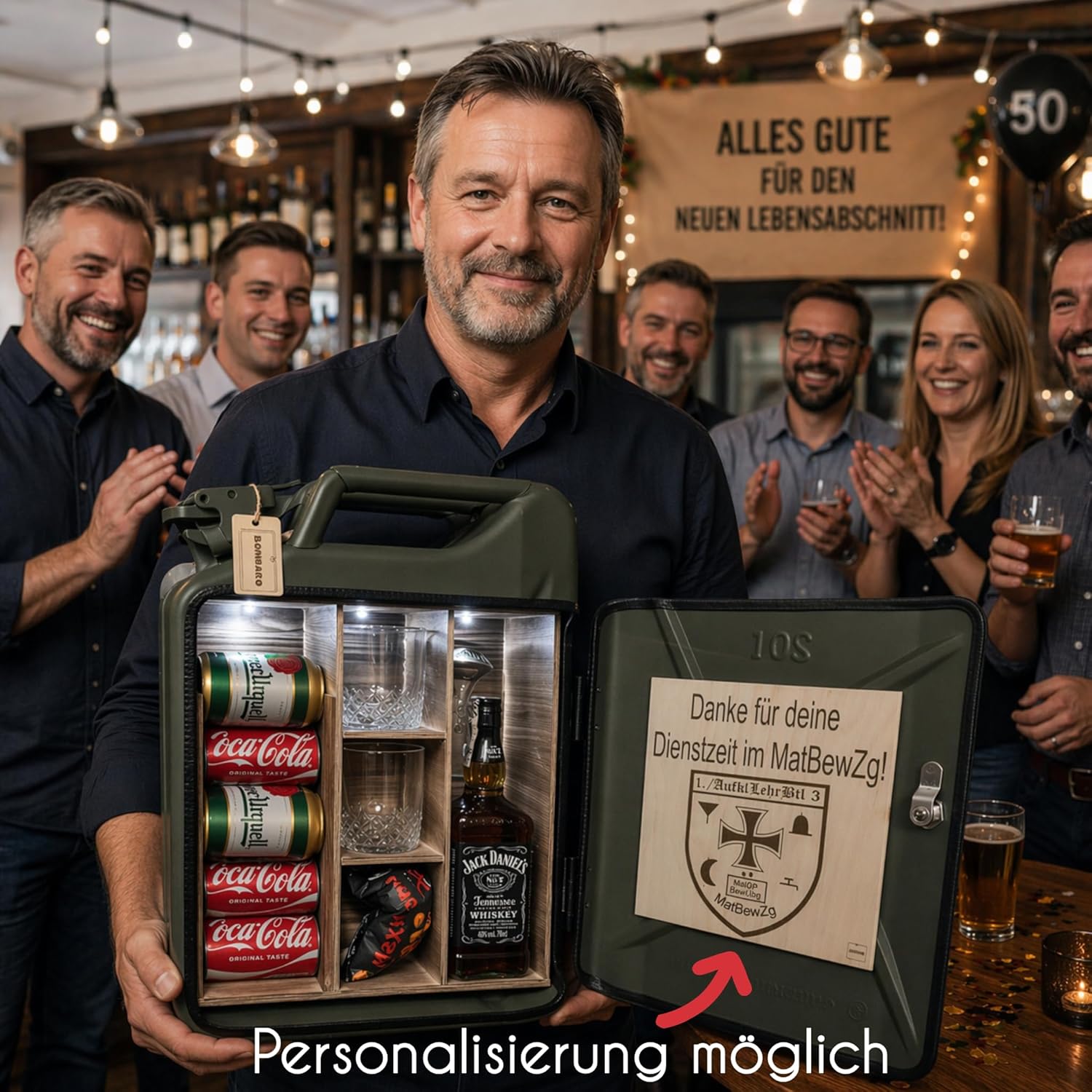 20L Canister Mini Bar Premium I Maximum Personalised with Engraving & LED Lighting I 2 Whisky Glasses I Jerrycan I Mobile Canister Bar Gift for Men I Lockable Mini Bar – Bild 5