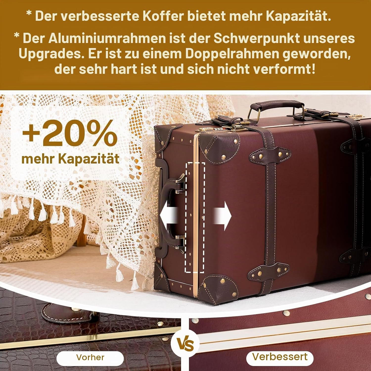 Urecity Vintage Suitcase with Wheels Trolley Suitcase Travel Suitcase Lightweight Retro Hard Shell Suitcase 2-Piece with 12 Inch Small Case (Caramel Brown, S (12 inches) + L (26 inches) – Bild 7