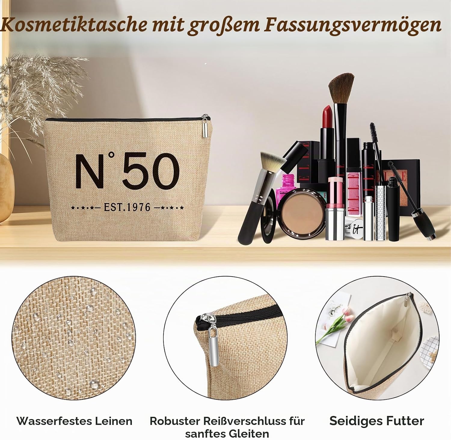 Gifts for 50th Birthday Woman - N ° 50 Jute Tote Bag, Cosmetic Bag – Bild 3
