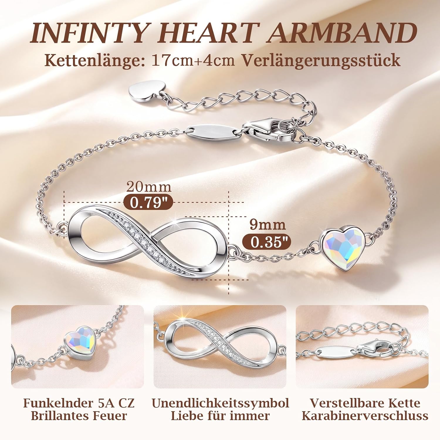 Women's Infinity Bracelet, 925 Sterling Silver/Rose Gold, Heart Bracelet, Crystals, Adjustable, Valentine's Day, Mother's Day, Birthday, Christmas Gift for Her, for Girlfriend, Mum – Bild 4
