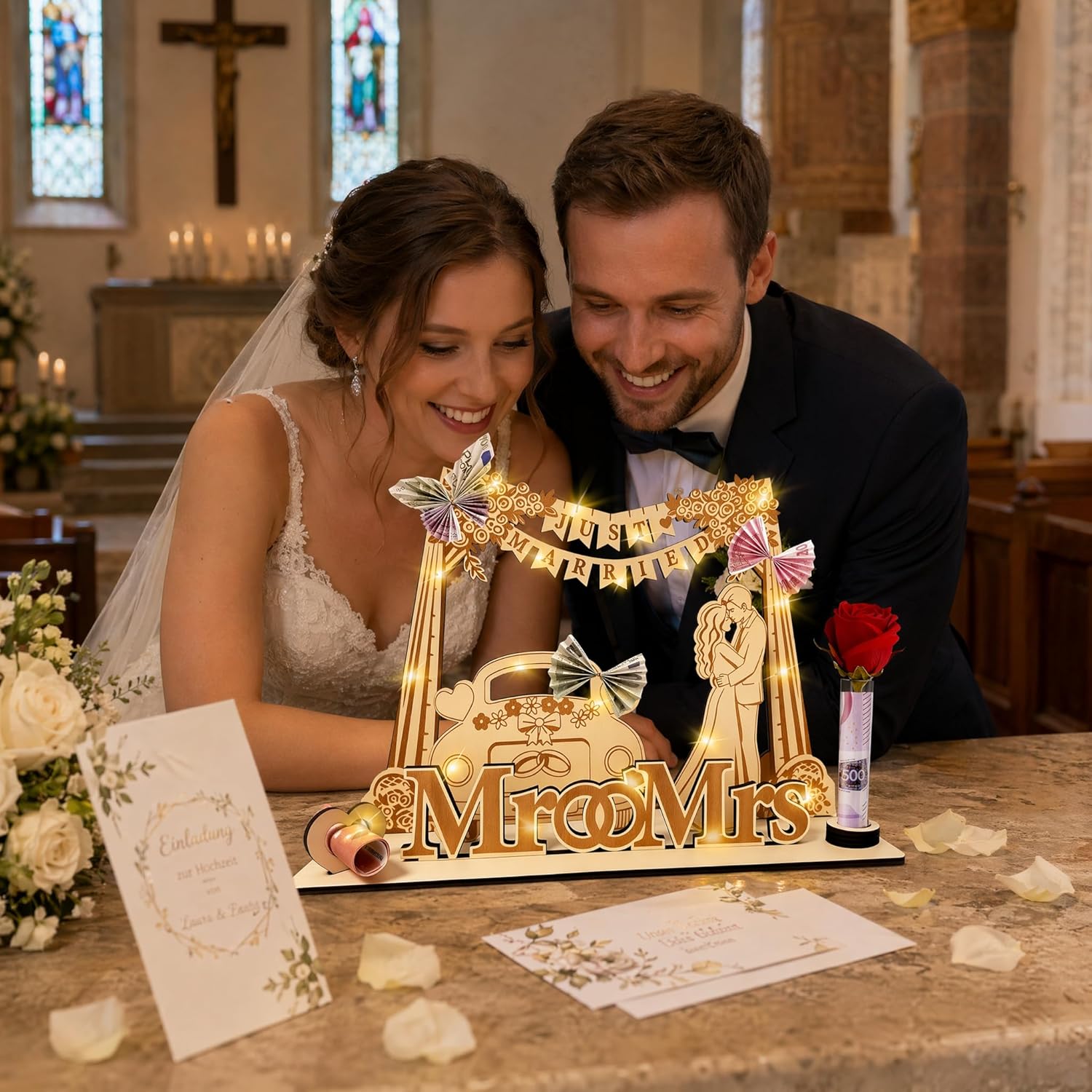 Money Gift Wedding Wooden with LED Fairy Lights, Wedding Gifts for Bride and Groom, Money Packaging, Wedding Car and Just Married Garland, Shaped, Romantic Gift for Wedding Anniversary – Bild 3