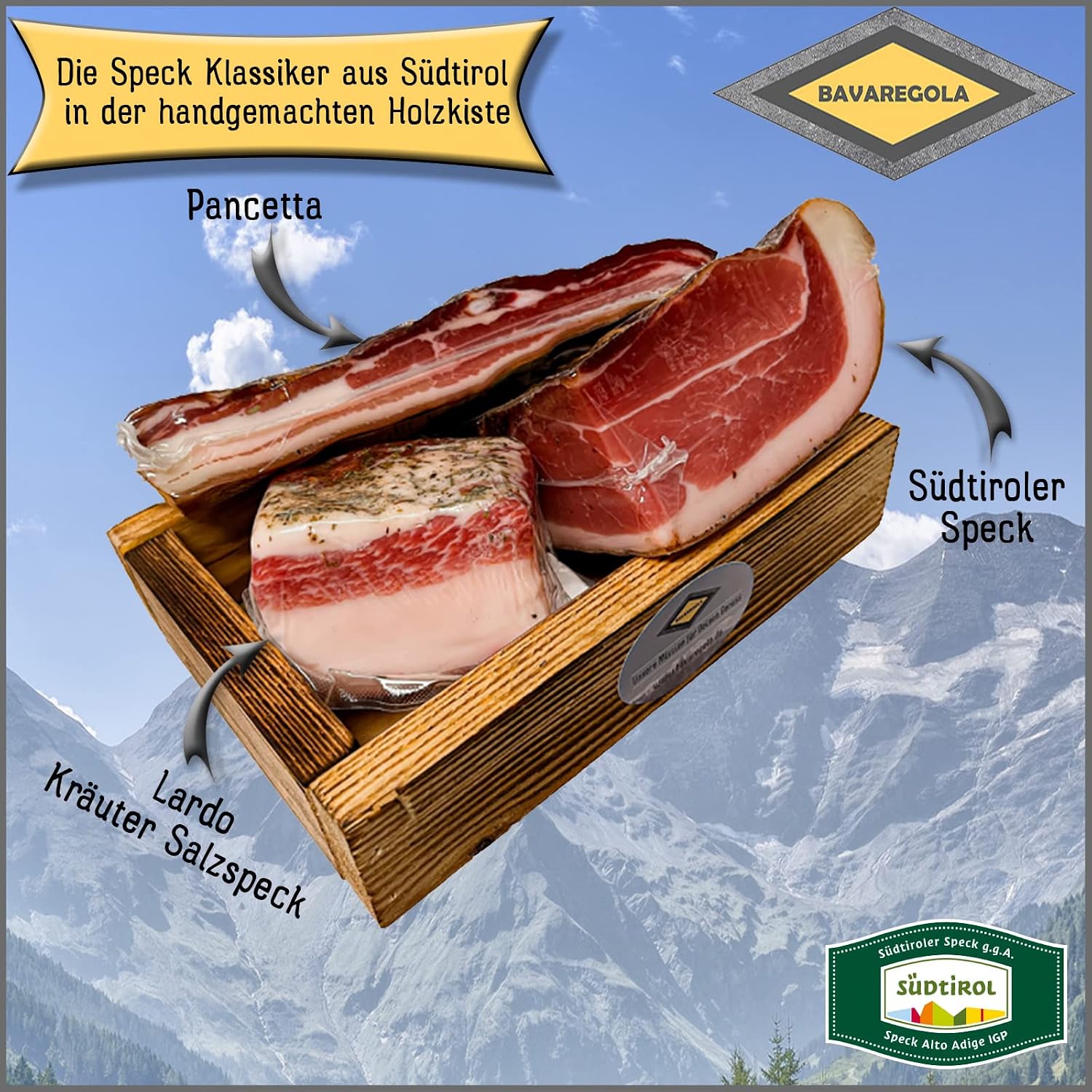 BAVAREGOLA "Speck Kistl" Gift Box with 3 South Tyrolean Bacon Specialities - Gift Basket Filled with Bacon, Lardo & Pancetta by Viktor Kofler/Lana - Enjoyment Gift for Men and Women – Bild 2