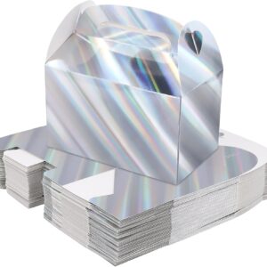 MUNGHOK Pack of 50 Gift Boxes with Handles, Metallic Silver, Small Gift Boxes, Gift Box with Carry Handle, Gift Boxes for Wedding, Birthday Party, Cake, Sweets, 16 x 9.5 x 9.5 cm