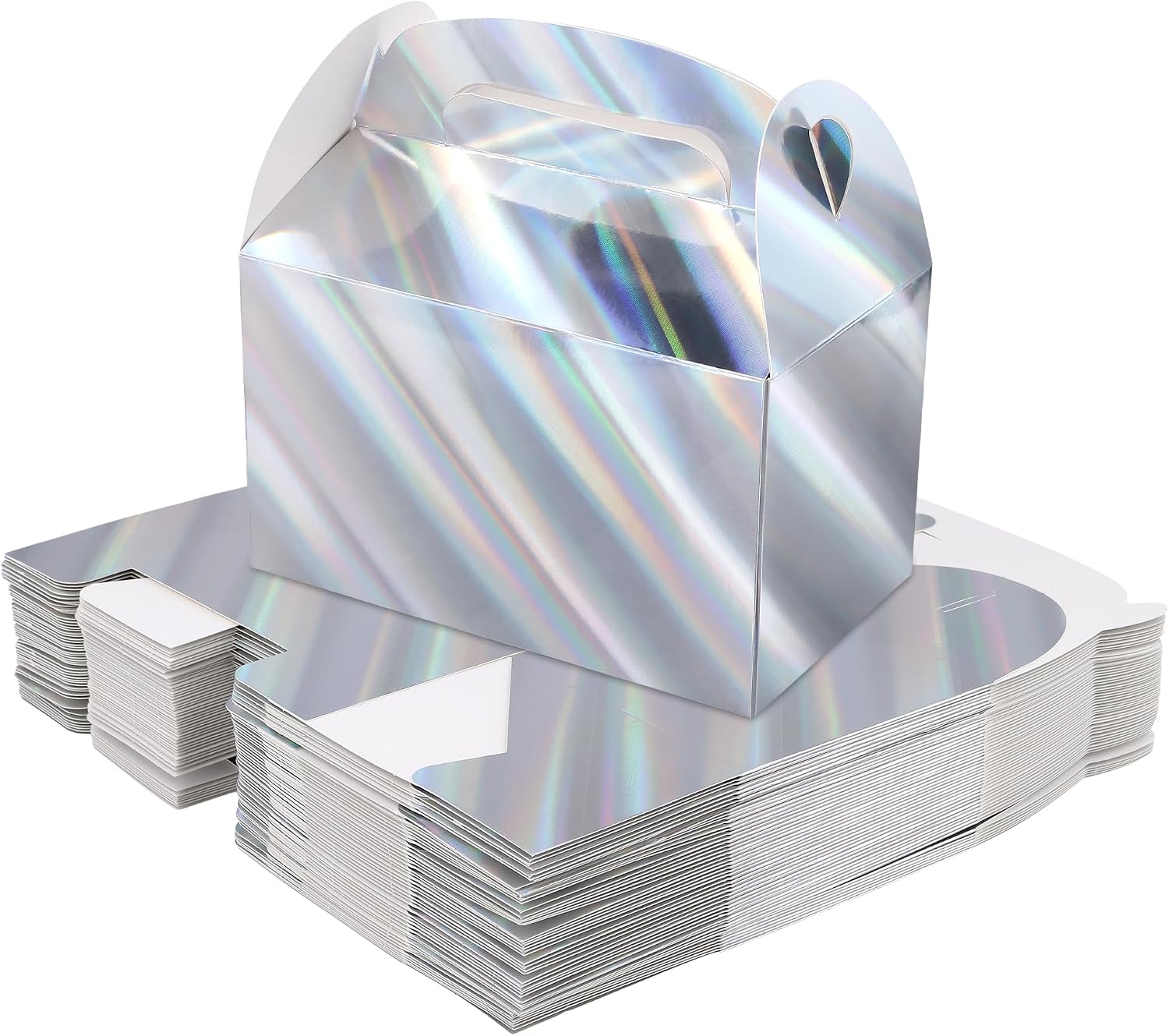 MUNGHOK Pack of 50 Gift Boxes with Handles, Metallic Silver, Small Gift Boxes, Gift Box with Carry Handle, Gift Boxes for Wedding, Birthday Party, Cake, Sweets, 16 x 9.5 x 9.5 cm