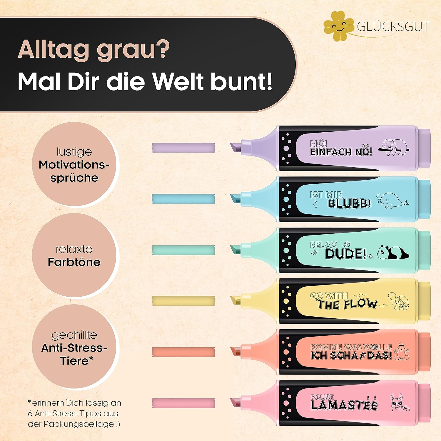 GLÜCKSGUT® 6 x Funny Highlighters Pastel – Bild 4