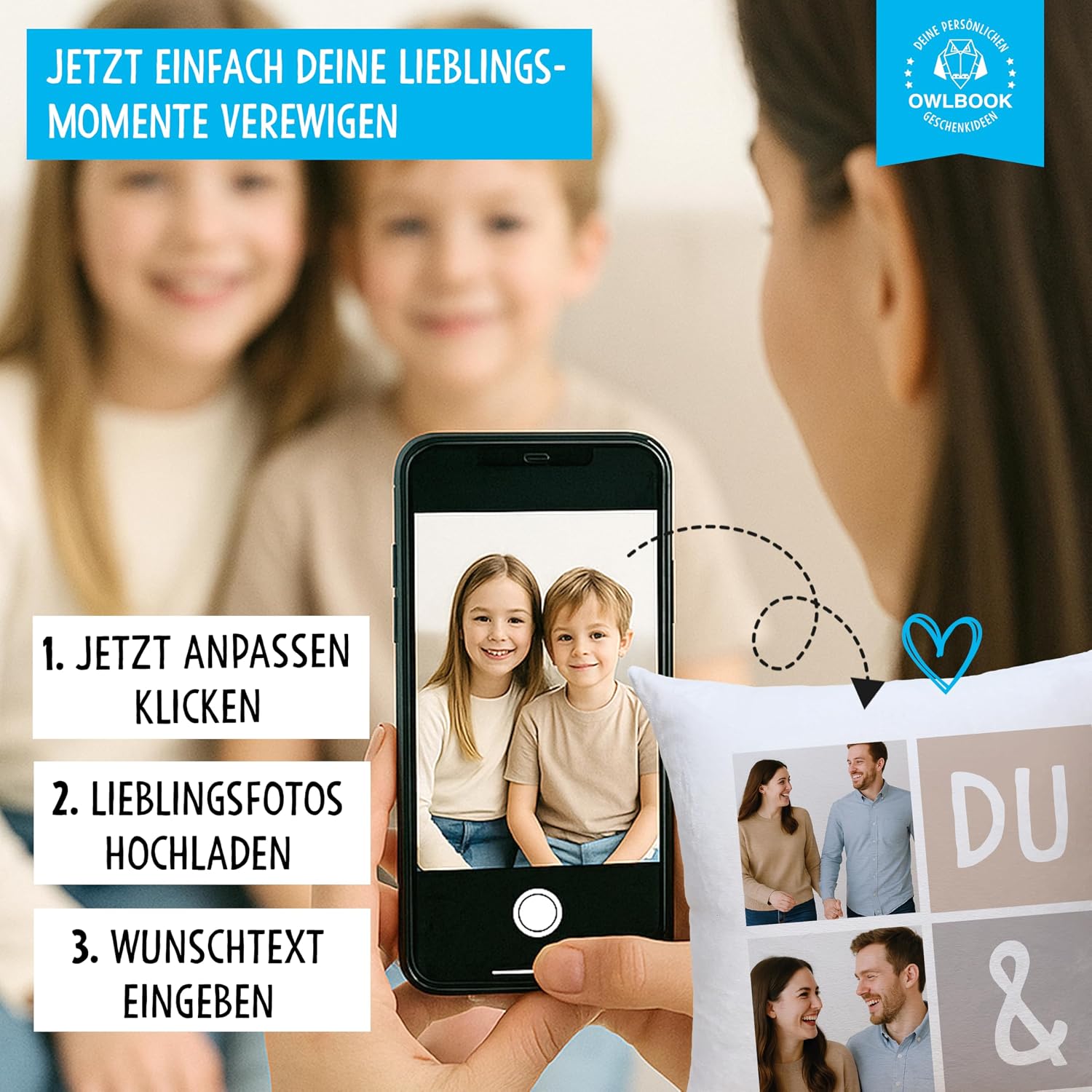 OWLBOOK Personalised Photo Cushion with 6 Photos & Text | Du & Ich Partner Gifts for Him and Her Couples with Own Photo as Valentine's Day Gift Cushion 40 x 40 plus Filling – Bild 3