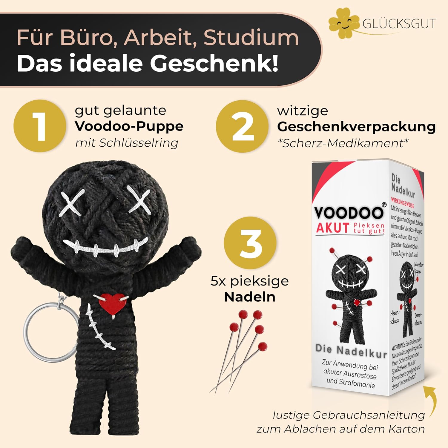 GLÜCKSGUT® Voodoo Doll with Needles | Pack of 3 | Gift Box & Instructions | Joke Medicine | Office Gift for Colleagues Coworker Boss | Anti Stress | Farewell | Office – Bild 2