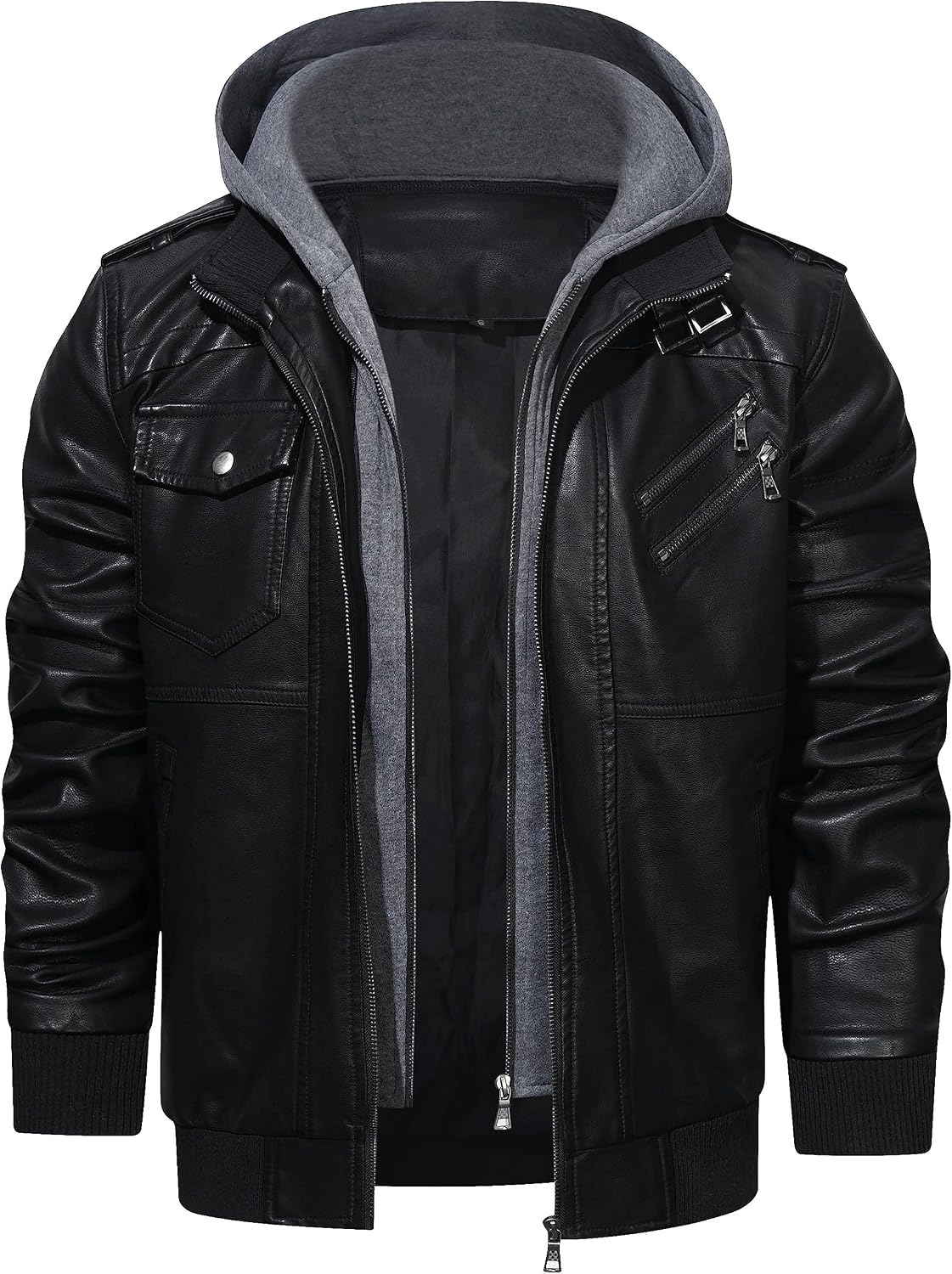 HOOD CREW Casual Biker Leather Jacket Made of Faux Leather for Men with Removable Hood – Bild 3