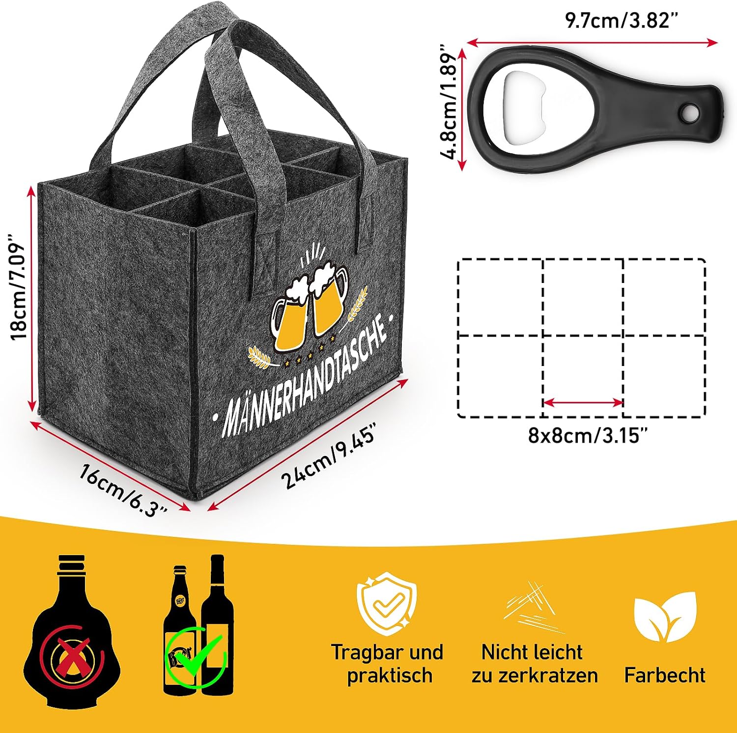 Bottle Carrier 6 Bottles Felt Beer Men's Handbag with Opener, Grey – Bild 5