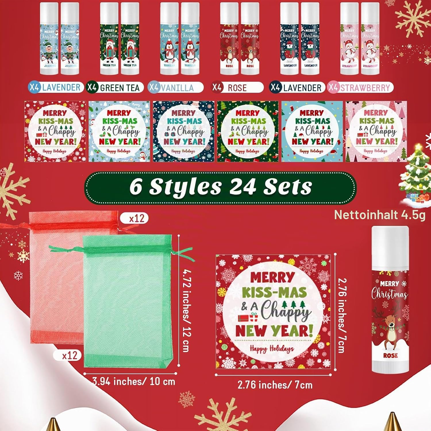 Queekay 24 Sets Christmas Lip Balm with Christmas Cards Organza Bags Advent Calendar 2025 Women Customer Gift Filling Small Gifts for Colleagues Employees Friends Family – Bild 2