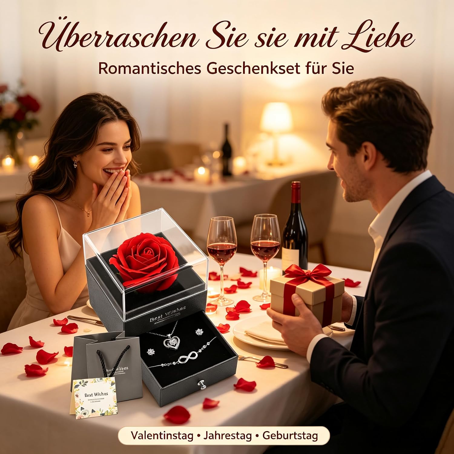 Eternal Rose Jewellery Set, Heart Silver Chain Earrings Bracelets Gift Box with Greeting Card & Gift Bag, Surprise & Much Love, Mother's Day, Valentine's Day, Birthday, Unforgettable Gift for Women – Bild 8