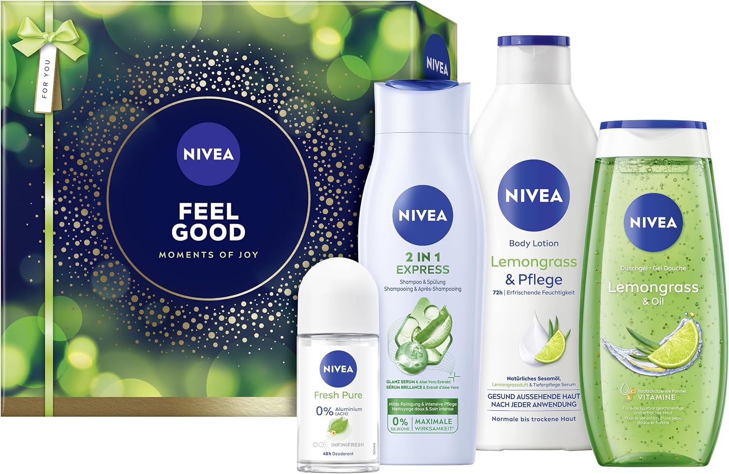 NIVEA Feel Good Gift Set, Gift for Women, Gift Box with Shower Gel (250 ml), Shampoo (250 ml), Body Lotion (400 ml) and Deodorant (50 ml)