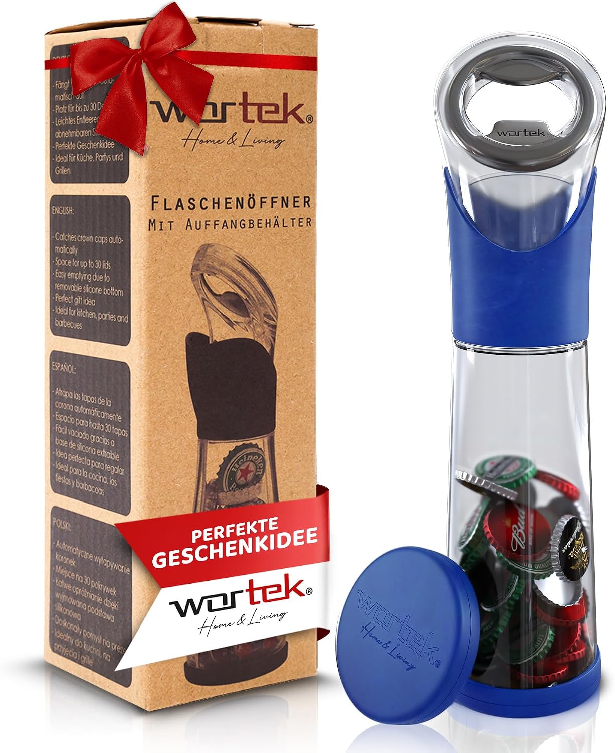 wortek Bottle Opener with Collection Container - Beer Opener Beer Bottle Opener Drinks Opener with Bottle Caps Collector Bar Kitchen Camping Accessories - Birthday Gift for Men Gift Beer Lovers Blue
