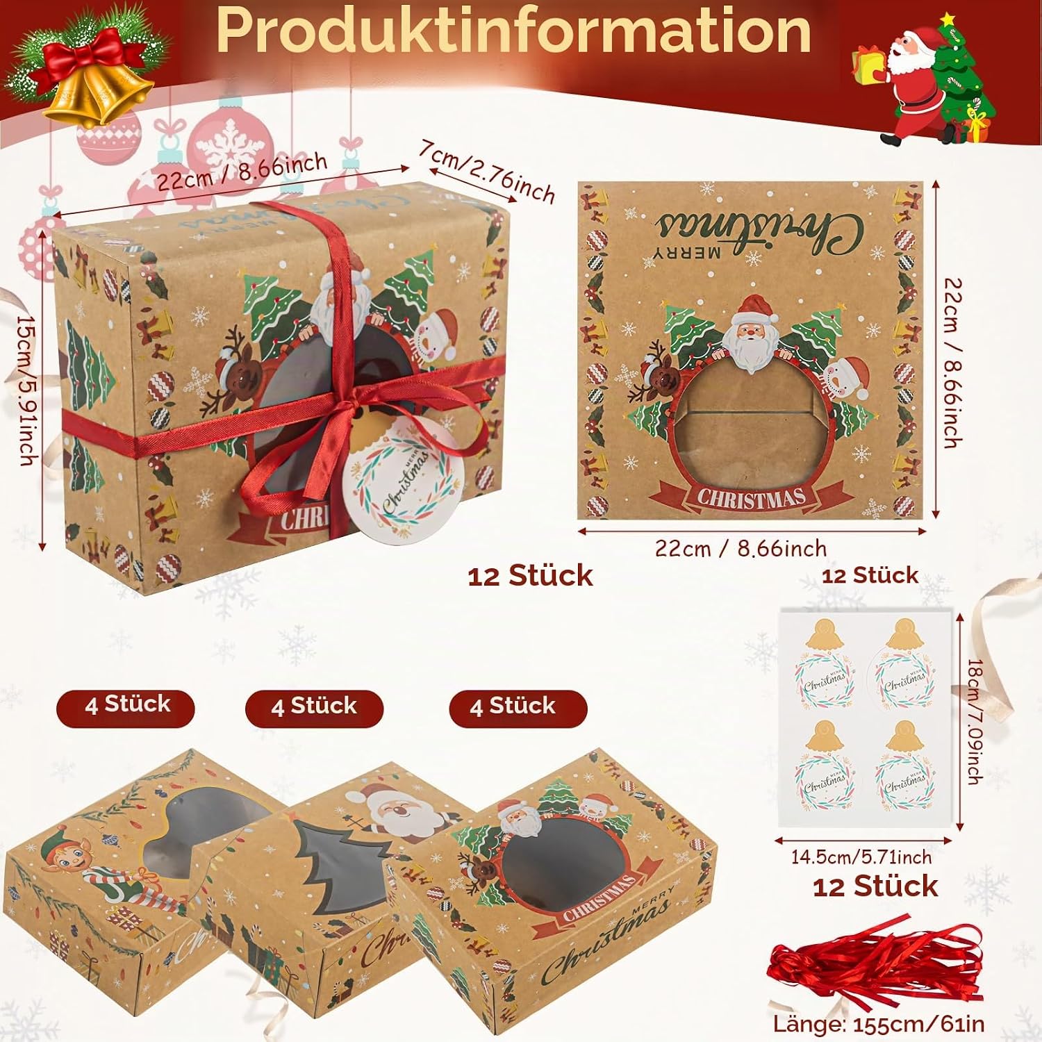 Phlognfy Christmas biscuit boxes boxes, 12 pieces Christmas gift box, with string and pendant, suitable for packaging bread, sweets, chocolate, biscuits and cakes – Bild 2