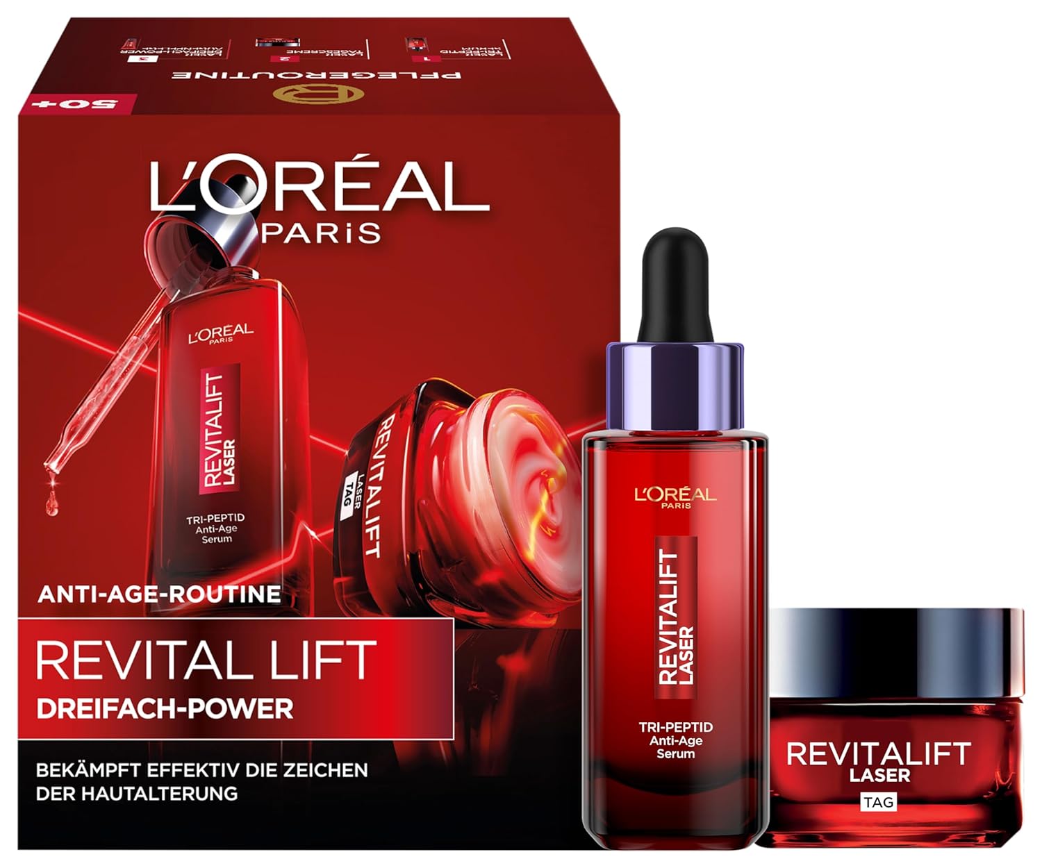 L'Oréal Paris Triple Power Anti-Ageing Set, Serum 30 ml and Day Cream 50 ml, with Triple Effect, Against Wrinkles, with Pro-Retinol, Hyaluronic and Vitamin C, Revitalift Laser, Amazon Exclusive