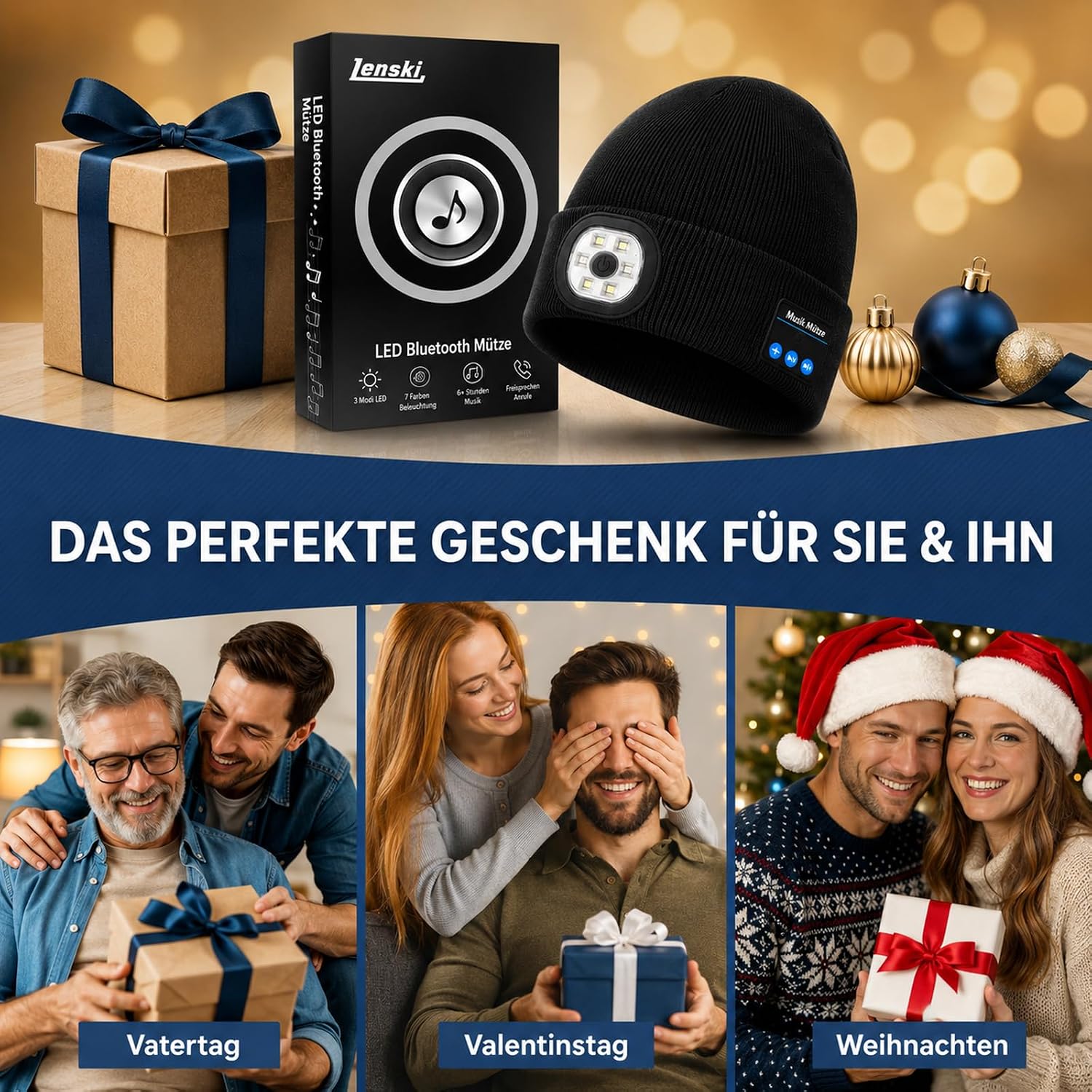 Lenski Gifts for Men Women Bluetooth Beanie Hat with Light – Bild 7