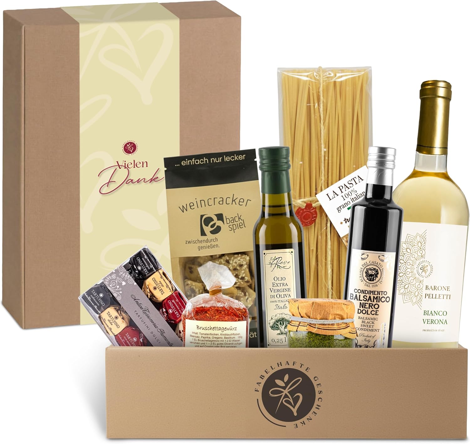 Thank You Gift Basket Bella Italia Filled with White Wine and Italian Delicatessen Gift Basket with Olive Oil, Aceto Balsamic, Pasta, Pesto, Tartufini with "Many Thank You" Banderole