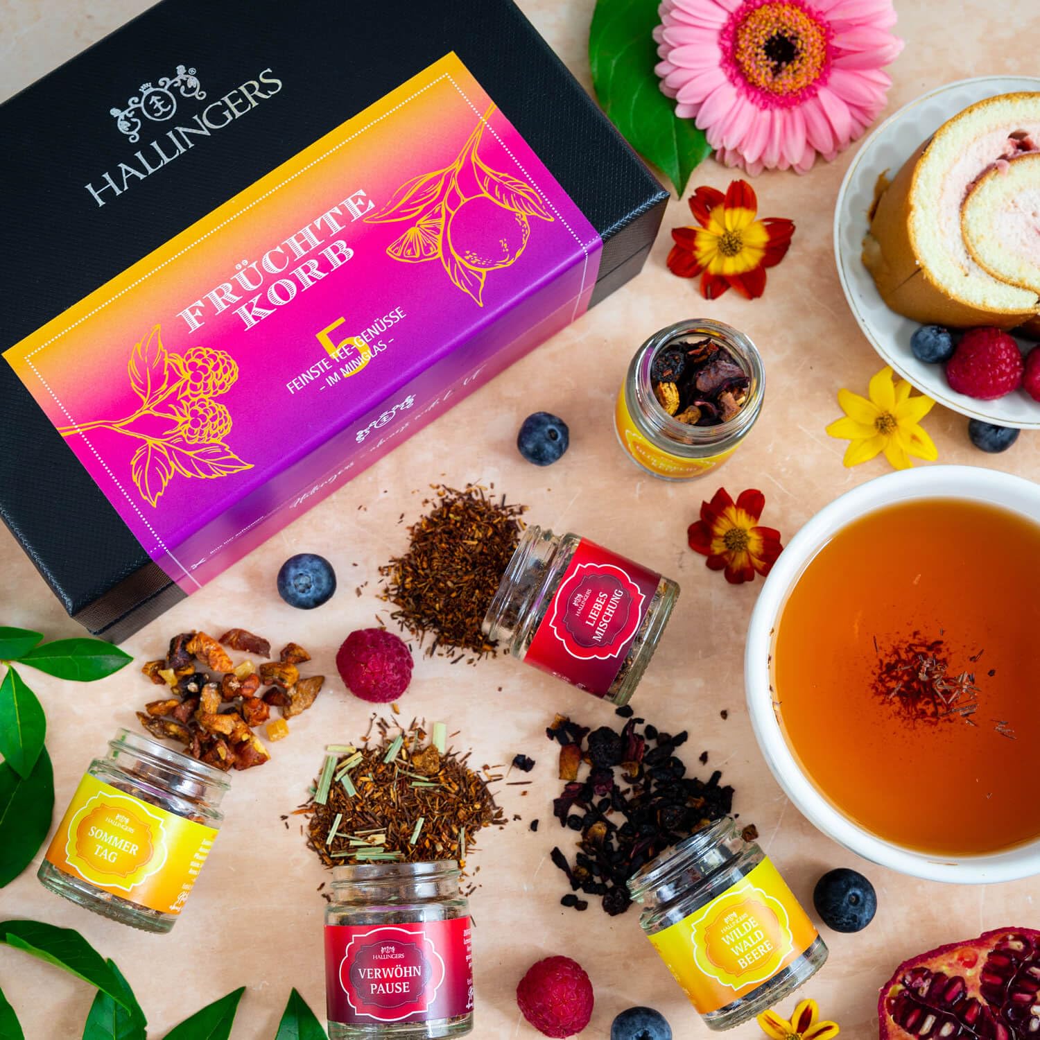 Hallingers Genuss Manufaktur Tea Gift Set - 5 Varieties Premium Loose Tea Tasting Set in Elegant Gift Box with Recipe Booklet "Fruit Basket", Gift Idea for Men and Women – Bild 2
