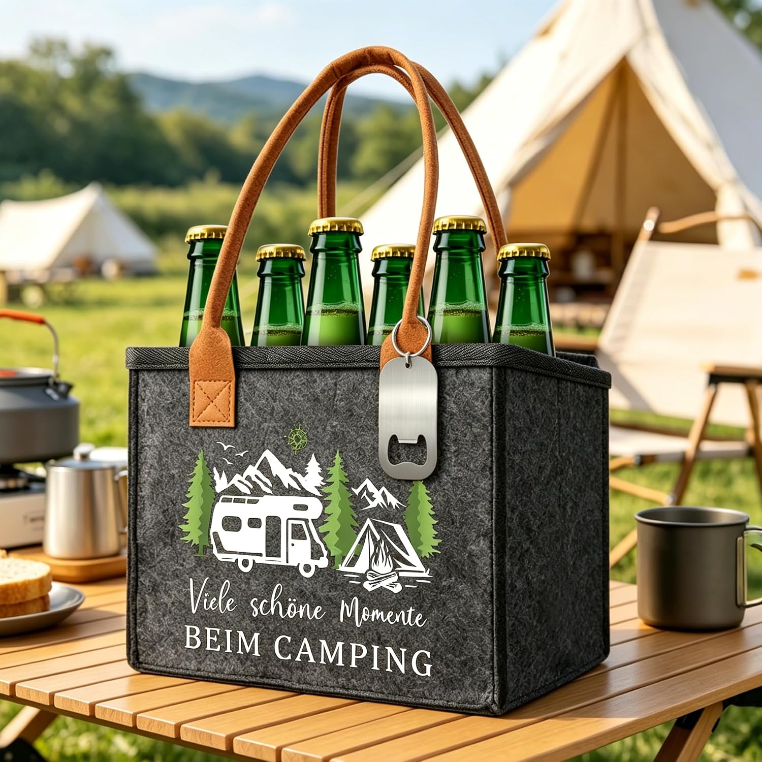 Retirement Gift Men's Men's Handbag Beer with Bottle Opener and Greeting Card, Retirement Gift Man Beer Gift Bag (Camping) – Bild 4