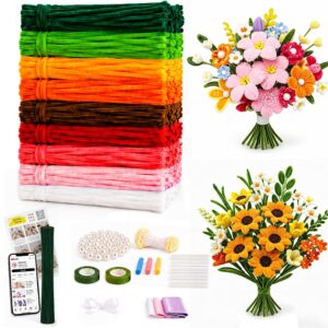 550 Pieces Pipe Cleaners Flower Set, 9 Colours Pipe Cleaners for Crafts with Ribbon, Tape, Stamens, Flower Wire, Flower Paper, Instructions & Video Tutorial for Creative DIY