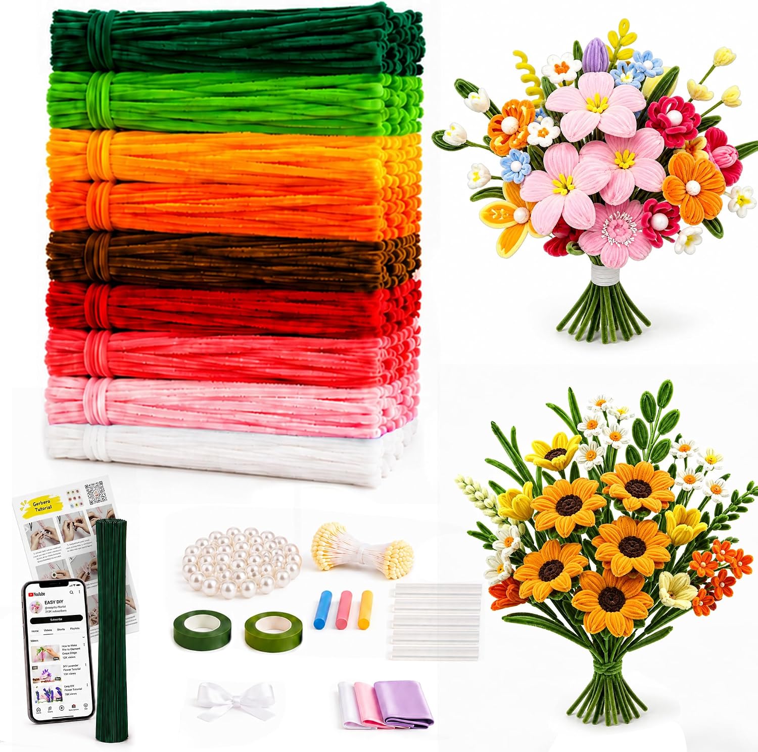 550 Pieces Pipe Cleaners Flower Set, 9 Colours Pipe Cleaners for Crafts with Ribbon, Tape, Stamens, Flower Wire, Flower Paper, Instructions & Video Tutorial for Creative DIY