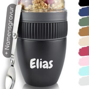Milu Cereal Cup to Go, 400 ml, with Name Engraving, MüsliMax Stainless Steel Yoghurt Cup for Cereal, Leak-Proof Cup with Spoon (Engraving)