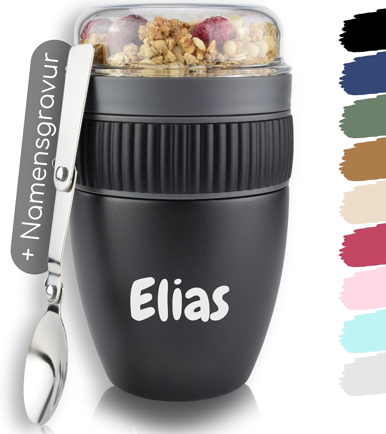 Milu Cereal Cup to Go, 400 ml, with Name Engraving, MüsliMax Stainless Steel Yoghurt Cup for Cereal, Leak-Proof Cup with Spoon (Engraving)
