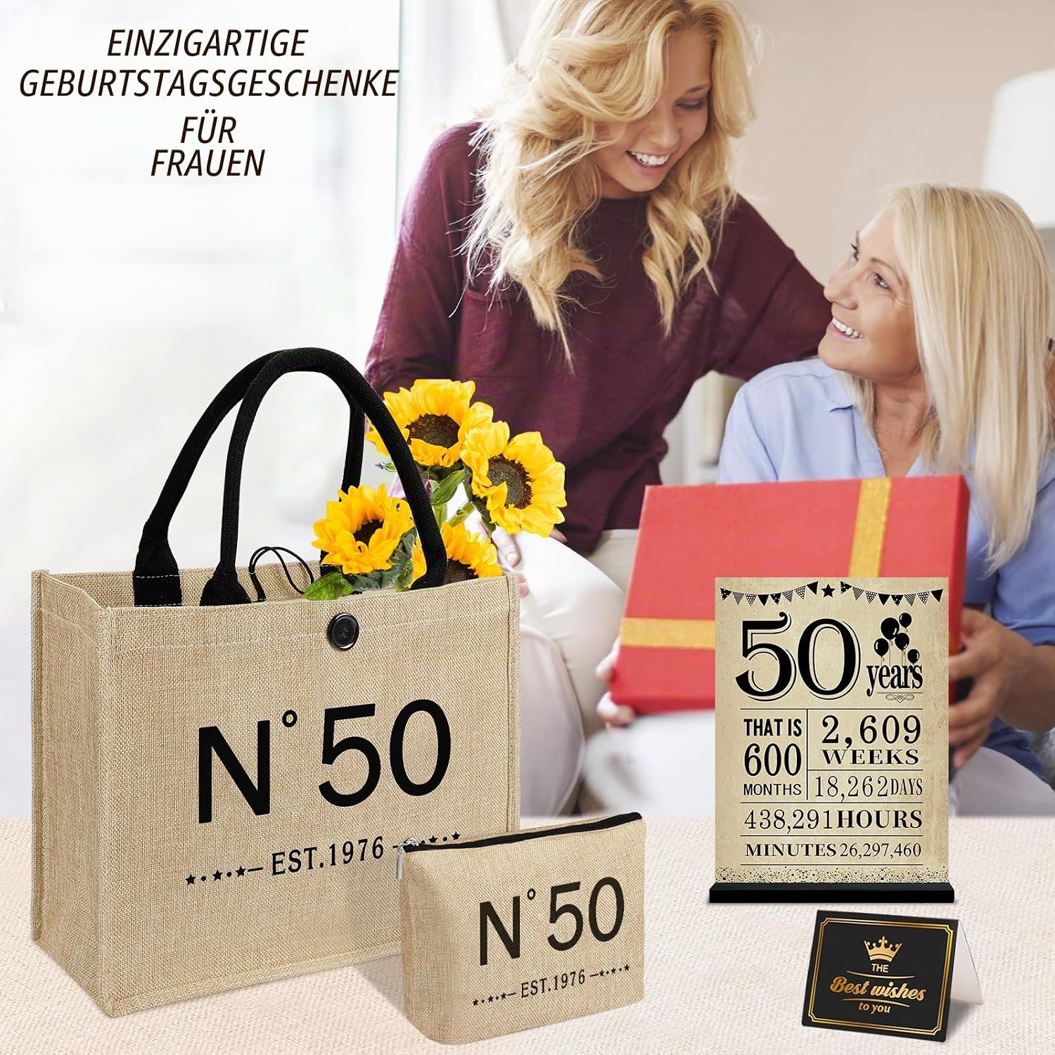 Gifts for 50th Birthday Woman - N ° 50 Jute Tote Bag, Cosmetic Bag – Bild 7