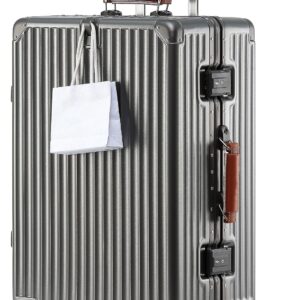 Aoliwei Aluminium Frame Hand Luggage S (58 cm) - Premium Hard Case as Cabin Luggage, with Brown Genuine Leather Handle, TSA & 360° Silent Wheels, Grey