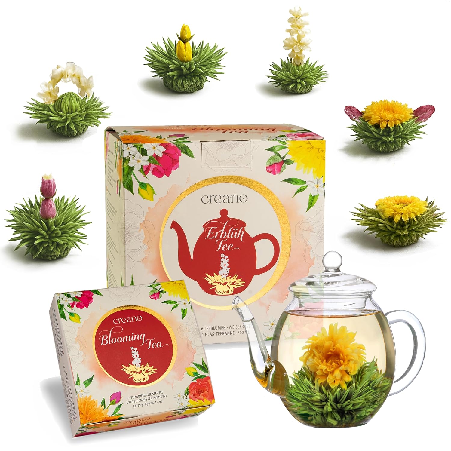 Creano Tea Flowers Gift Set, Flower Design, Blooming Tea Spring Reading with 500 ml Glass Jug and 6 x White Tea, Gift for Valentine's Day, Mother's Day – Bild 10