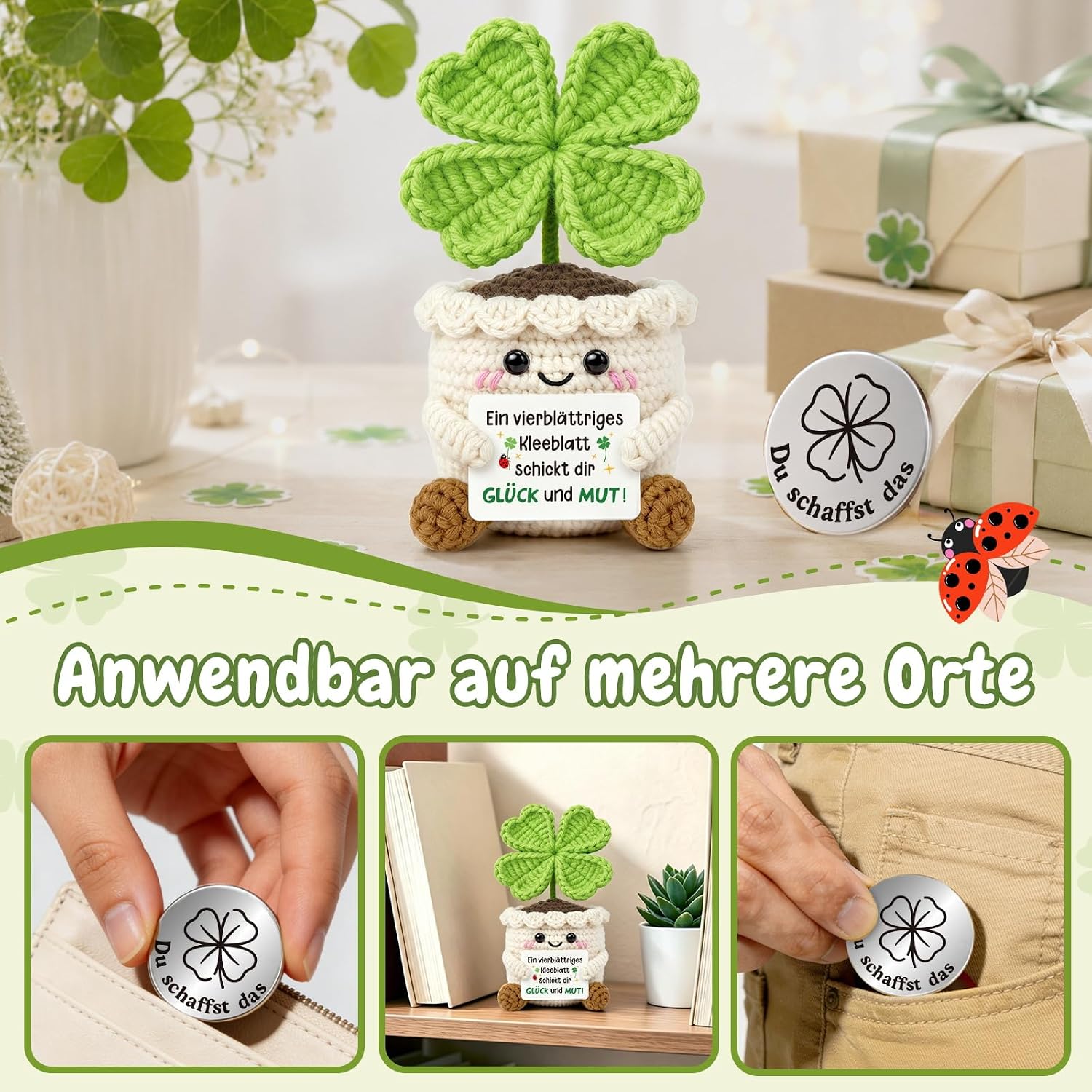 Lucky Charm Pocket Hug Positive Crochet Clover with Coins – Bild 7