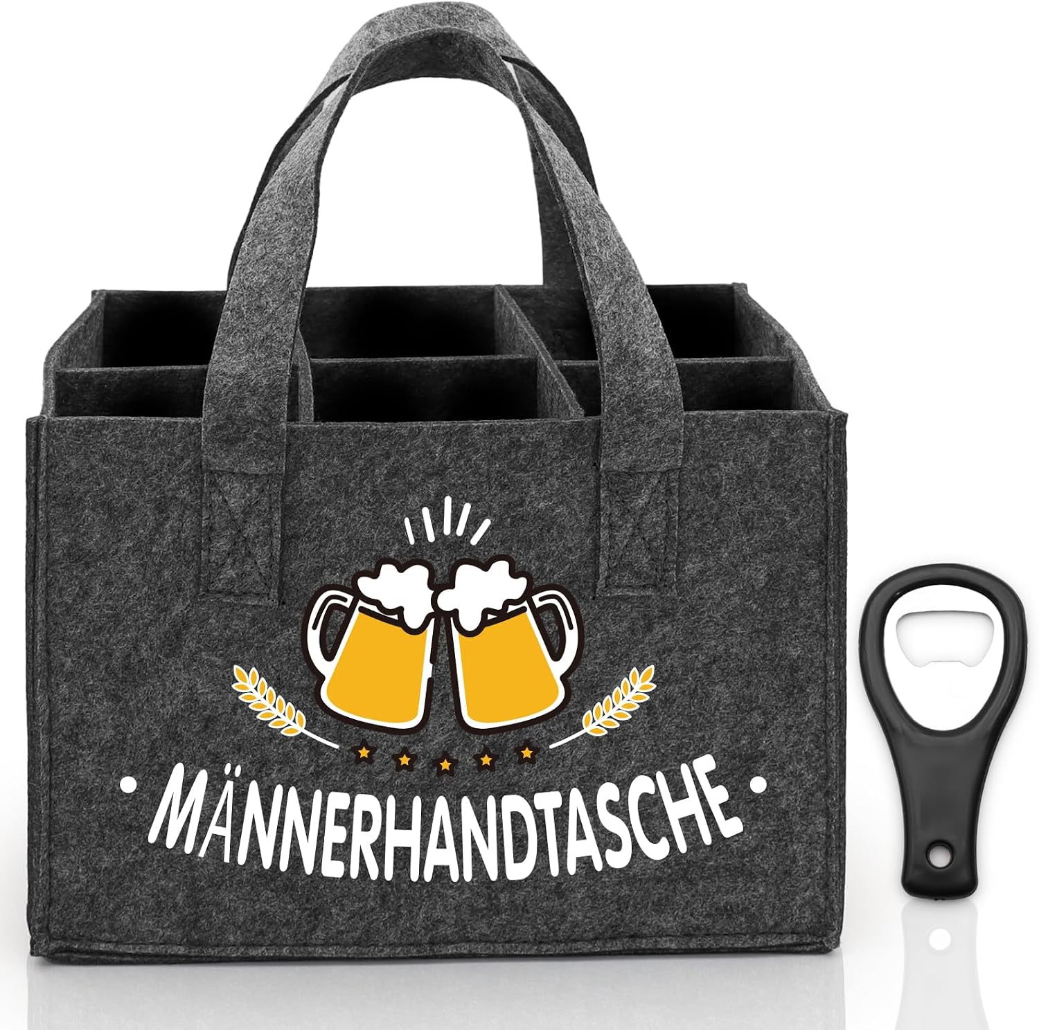 Bottle Carrier 6 Bottles Felt Beer Men's Handbag with Opener, Grey